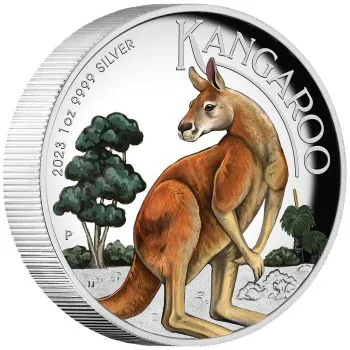 1 Unze Silbermünze Australien 2023 - Känguru HIGH RELIEF mit Farbe veredelt in Polierte Platte
