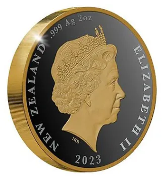 2 Unze Silbermünze Neuseeland 2023 HIGH RELIEF Polierte Platte in Black Proof vergoldet | Motiv: KIWI