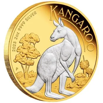 2 Unze Silbermünze Australien 2023 - Känguru vergoldet im Münzetui und Zertifikat | Perth Mint Variante