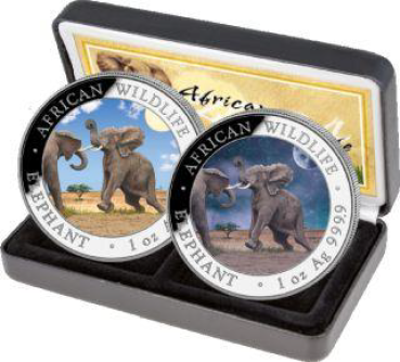 2 x 1 Unze Silbermünze Somalia 2024 SET - Elefant in Farbe | Day & Night