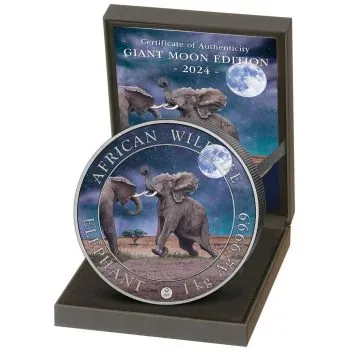 1 Kilo Silbermünze Somalia 2024 - Elefant in Farbe | Giant Moon Edition | Zertifikat Nummer 2
