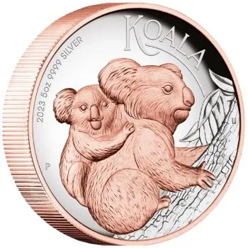 5 Unze Silbermünze Australien 2023 - Koala HIGH RELIEF mit Roségold veredelt in Polierte Platte