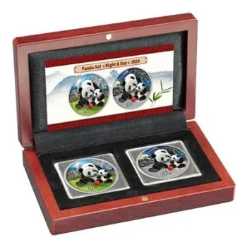 2 x 30 Gramm Silbermünzen China 2024 - Panda SET Night & Day in Farbe inkl. Münzetui und Zertifikat | Variante 1