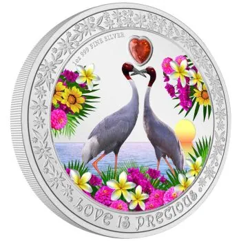 2 Dollar | 1 Unze Silbermünze Niue 2024 in Polierte Platte | Liebe ist wertvoll mit Zirkonia | Love is Precious - Saruskraniche (Sarus Cranes)