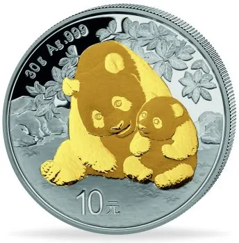 30 Gramm Silbermünze China 2024 - Panda vergoldet