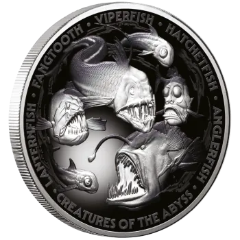 5 Unze Silbermünze Niue 2024 Polierte Platte in Farbe | Motiv: Kreaturen der Tiefe ( Creatures of the Abyss )