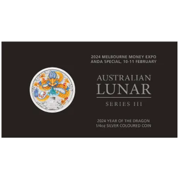 1/4 Unze Silbermünze Australien 2024 Blister in Farbe - Lunar Serie 3 - Motiv: DRACHE | Privy Mark: Melbourne Money Expo ANDA Special Ausgabe