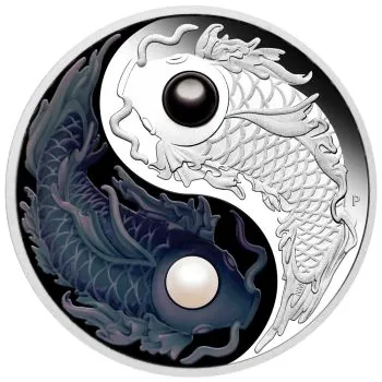 5 Unze Silbermünze Tuvalu 2024 Polierte Platte in Farbe inkl. 2 Süßwasserperlen | Ausgabe: Yin Yang - Motiv: Koi