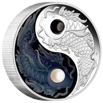 5 Unze Silbermünze Tuvalu 2024 Polierte Platte in Farbe inkl. 2 Süßwasserperlen | Ausgabe: Yin Yang - Motiv: Koi