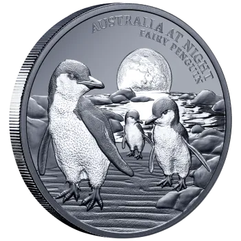 1 Dollar | 1 Unze Silbermünze Niue 2024 in Black Proof | Serie: Australien bei Nacht - Motiv: Zwergpinguin - Fairy Penguin | 10. Ausgabe