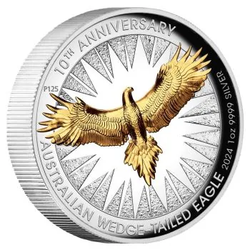 1 Unze Silbermünze Australien 2024 - Keilschwanzadler (Wedge-Tailed Eagle) vergoldet in HIGH RELIEF und Polierte Platte | 10th Anniversary