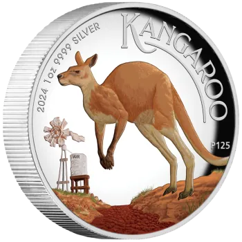 1 Unze Silbermünze Australien 2024 - Känguru HIGH RELIEF mit Farbe veredelt in Polierte Platte *
