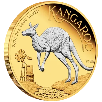 2 Unze Silbermünze Australien 2024 - Känguru Reverse Proof vergoldet im Münzetui und Zertifikat | Perth Mint Variante *