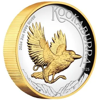 2 Unze Silbermünze Australien 2024 - Kookaburra vergoldet in HIGH RELIEF und Polierte Platte *