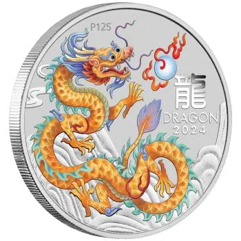 1 Unze Silbermünze Australien 2024 Blister in Farbe ( Goldener Drache | Golden Dragon ) - Lunar Serie 3 - Motiv: DRACHE | Privy Mark: ANA World's Fair of Money Chicago Special Ausgabe