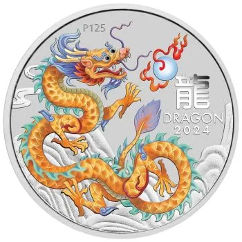 1 Unze Silbermünze Australien 2024 Blister in Farbe ( Goldener Drache | Golden Dragon ) - Lunar Serie 3 - Motiv: DRACHE | Privy Mark: ANA World's Fair of Money Chicago Special Ausgabe