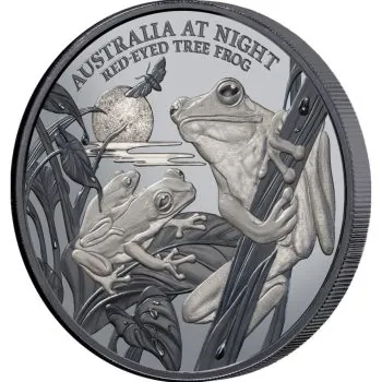 1 Dollar | 1 Unze Silbermünze Niue 2024 in Black Proof | Serie: Australien bei Nacht - Motiv: Rotaugenlaubfrosch - RED EYED TREE FROG | 11. Ausgabe *