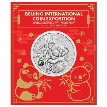 1 Unze Silbermünze Australien 2024 in Blister - Koala | Privy Mark: Panda in Farbe - Beijing International Coin Exposition (BICE)