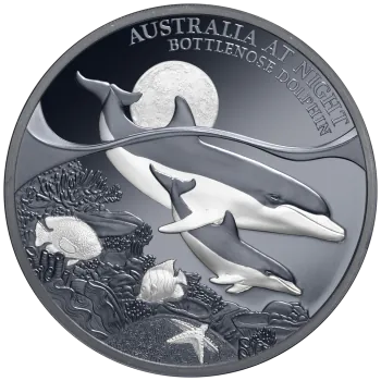 1 Unze Silbermünze Niue 2025 Polierte Platte in Black Proof | Serie: Australien bei Nacht - Motiv: Delfin - Bottenlose Dolphin | 12. Ausgabe *
