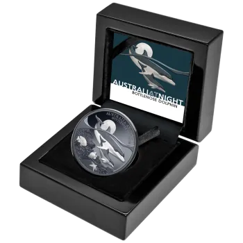 1 Unze Silbermünze Niue 2025 Polierte Platte in Black Proof | Serie: Australien bei Nacht - Motiv: Delfin - Bottenlose Dolphin | 12. Ausgabe *