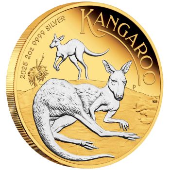 2 Unze Silbermünze Australien 2025 - Känguru Proof Reverse vergoldet im Münzetui und Zertifikat | Perth Mint Variante
