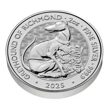 Zweiseitige Silbermünze: Motivseite zeigt den stilisierten Greyhound of Richmond mit königlichem Wappen auf einem Podest. Rückseite zeigt das Porträt von König Charles III. und Münzdaten wie Nennwert, Prägejahr und Feingehalt.