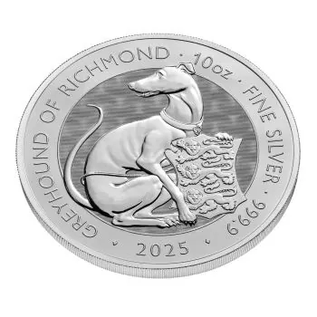 Zweiseitige 10-Unzen-Silbermünze mit dem Greyhound of Richmond – dargestellt als majestätischer Windhund mit Schild – auf der Motivseite. Rückseite zeigt das offizielle Porträt von König Charles III., inklusive Prägejahr, Nominalwert und Feingehalt.