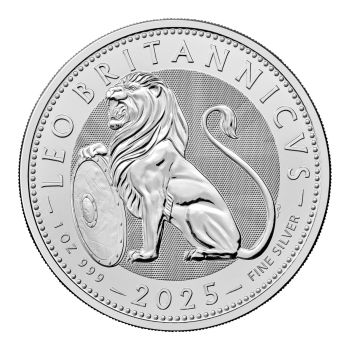 Silbermünze mit dem kraftvollen Motiv des Britischen Löwen im Wappenstil, flankiert von Details wie dem Ausgabejahr 2025, dem Feingehalt (999 Ag) und dem Porträt von König Charles III. auf der Rückseite.