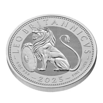 Großformatige Silbermünze mit kraftvollem Wappenmotiv des British Lion auf der Vorderseite, Rückseite mit Porträt von König Charles III., Ausgabejahr 2025 und Angaben zu Feingehalt und Gewicht.