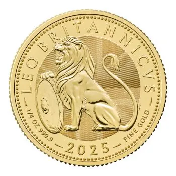 Vorderseite zeigt den majestätischen British Lion mit königlichem Schild, Rückseite mit Porträt von König Charles III., Ausgabeland, Jahrgang 2025 und Angaben zu Feingehalt und Nennwert.