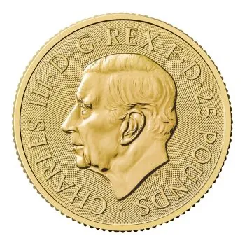 Vorderseite zeigt den majestätischen British Lion mit königlichem Schild, Rückseite mit Porträt von König Charles III., Ausgabeland, Jahrgang 2025 und Angaben zu Feingehalt und Nennwert.