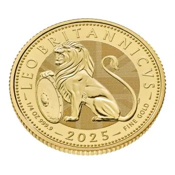Vorderseite zeigt den majestätischen British Lion mit königlichem Schild, Rückseite mit Porträt von König Charles III., Ausgabeland, Jahrgang 2025 und Angaben zu Feingehalt und Nennwert.