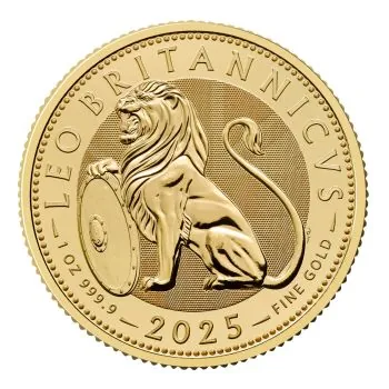 Goldmünze mit Motiv des British Lion auf der Vorderseite, Rückseite mit Porträt von König Charles III., Ausgabejahr 2025 und Feingold-Angaben, limitiert auf 5.000 Stück weltweit.