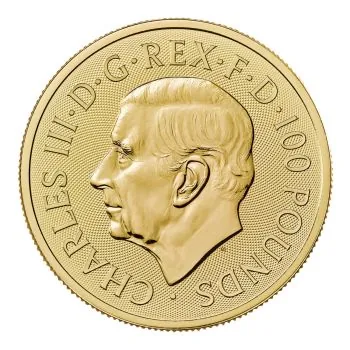Goldmünze mit Motiv des British Lion auf der Vorderseite, Rückseite mit Porträt von König Charles III., Ausgabejahr 2025 und Feingold-Angaben, limitiert auf 5.000 Stück weltweit.