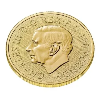 Goldmünze mit Motiv des British Lion auf der Vorderseite, Rückseite mit Porträt von König Charles III., Ausgabejahr 2025 und Feingold-Angaben, limitiert auf 5.000 Stück weltweit.