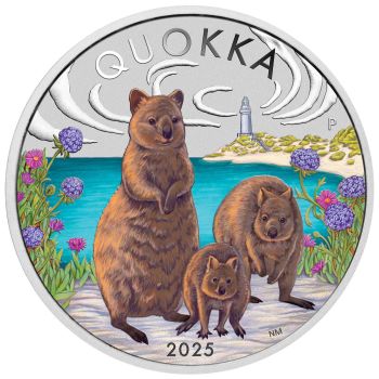 Farbenfrohe Silbermünze 2025 mit Quokka-Motiv, geliefert in Etui mit Zertifikat und Umverpackung. Ausgabe der Perth Mint, 1 Unze Feinsilber, weltweit limitiert auf 3.000 Stück.