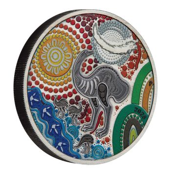 Silbermünze 2025 aus Australien mit farbigem Emu-Motiv im Antique Finish, 2 Unzen Feinsilber, Auslieferung in Etui mit Zertifikat, limitierte Auflage von 2.000 Stück.