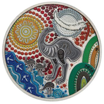 Silbermünze 2025 aus Australien mit farbigem Emu-Motiv im Antique Finish, 2 Unzen Feinsilber, Auslieferung in Etui mit Zertifikat, limitierte Auflage von 2.000 Stück.