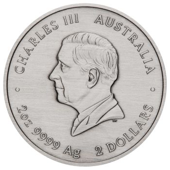 Silbermünze 2025 aus Australien mit farbigem Emu-Motiv im Antique Finish, 2 Unzen Feinsilber, Auslieferung in Etui mit Zertifikat, limitierte Auflage von 2.000 Stück.