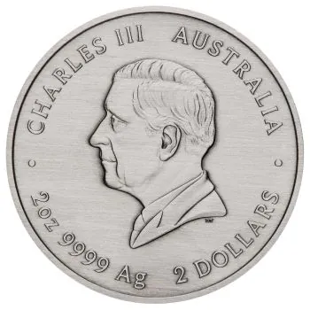Silbermünze 2025 aus Australien mit farbigem Emu-Motiv im Antique Finish, 2 Unzen Feinsilber, Auslieferung in Etui mit Zertifikat, limitierte Auflage von 2.000 Stück.