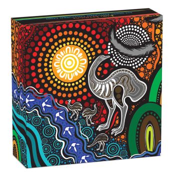 Silbermünze 2025 aus Australien mit farbigem Emu-Motiv im Antique Finish, 2 Unzen Feinsilber, Auslieferung in Etui mit Zertifikat, limitierte Auflage von 2.000 Stück.