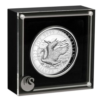 Hochwertige 5-Unzen-Silbermünze 2025 „The Swan“ der Perth Mint in High Relief und Polierter Platte. Geliefert im Etui mit Zertifikat und Umkarton, limitiert auf 500 Stück.