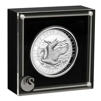 Hochwertige 5-Unzen-Silbermünze 2025 „The Swan“ der Perth Mint in High Relief und Polierter Platte. Geliefert im Etui mit Zertifikat und Umkarton, limitiert auf 500 Stück.