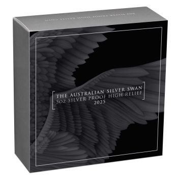 Hochwertige 5-Unzen-Silbermünze 2025 „The Swan“ der Perth Mint in High Relief und Polierter Platte. Geliefert im Etui mit Zertifikat und Umkarton, limitiert auf 500 Stück.
