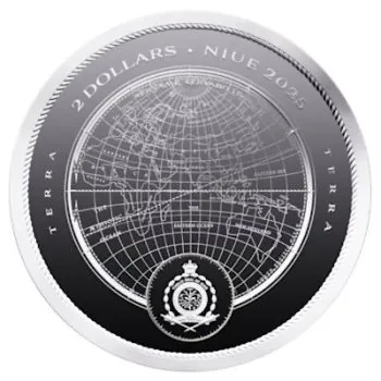 1 oz Silbermünze 2025 aus Niue mit dem Motiv Erde (TERRA), moderne Gestaltung, geprägt in 999 Feinsilber, limitierte Auflage von 20.000 Stück.