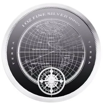 1 oz Silbermünze 2025 aus Niue mit dem Motiv Erde (TERRA), moderne Gestaltung, geprägt in 999 Feinsilber, limitierte Auflage von 20.000 Stück.