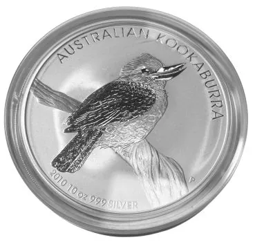 Australische 10-Unzen-Silbermünze Kookaburra 2010 mit Vogelmotiv auf Zaunpfahl, geprägt von der Perth Mint.