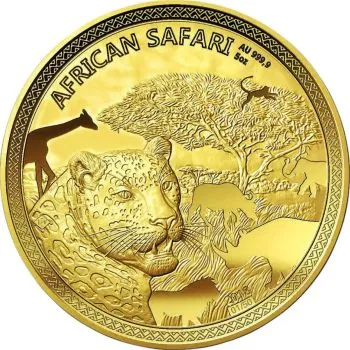 5 Unzen Goldmünze Tschad 2018 mit Leopard-Motiv aus der African Safari Serie, polierte Platte, inklusive Seriennummer