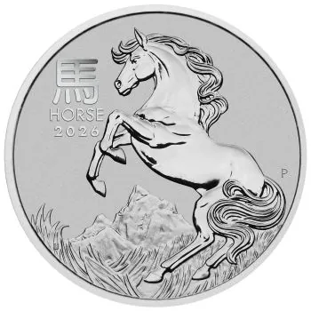 „1 Unze Platinmünze Australien 2026 Lunar Serie III mit Pferd-Motiv, geprägt von der Perth Mint, Vorderseite mit Königinnenportrait, Rückseite mit detailreichem Pferdedesign, weltweit auf 5.000 Exemplare limitiert.“