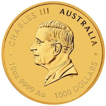 „10 Unzen Goldmünze Australien 2026 Lunar Serie III mit Pferd-Motiv, geprägt von der Perth Mint, Vorderseite mit Porträt von König Charles III., Rückseite mit detailreicher Darstellung eines Pferdes.“